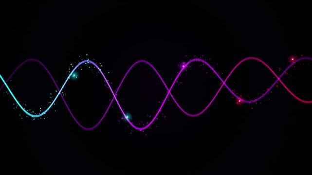 A seamless looping 3D dual-helix energy conduit featuring cyan and magenta neon ribbons twisting horizontally with glowing stardust particles. Perfect for tech promos, futuristic sci-fi backgrounds, a