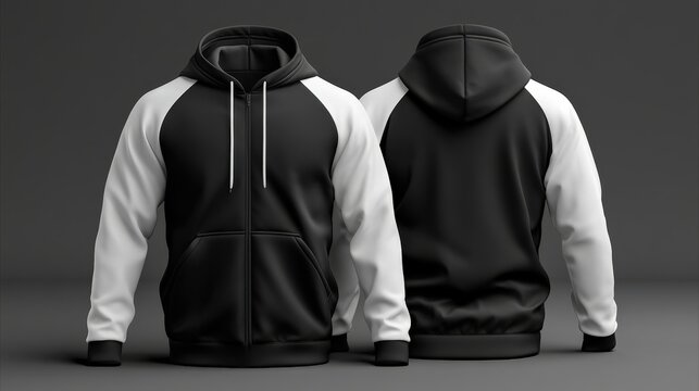 Black and white raglan zip-up hoodie displayed in front and back views. Ideal mockup for apparel branding and streetwear fashion design.