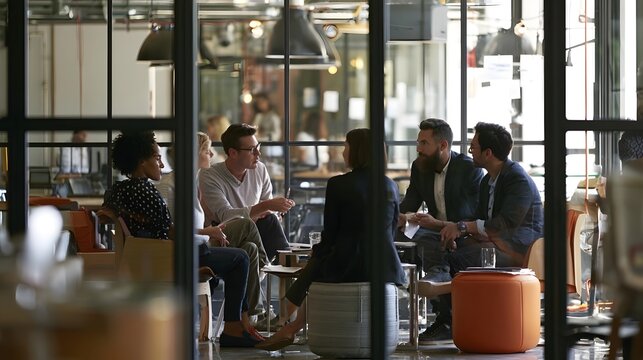 Multiracial business professionals discussing project during informal meeting in contemporary workplace with open plan design