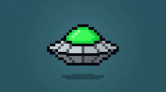 Pixel Art Flying Saucer UFO Spaceship with Glowing Green Glass Dome Cockpit