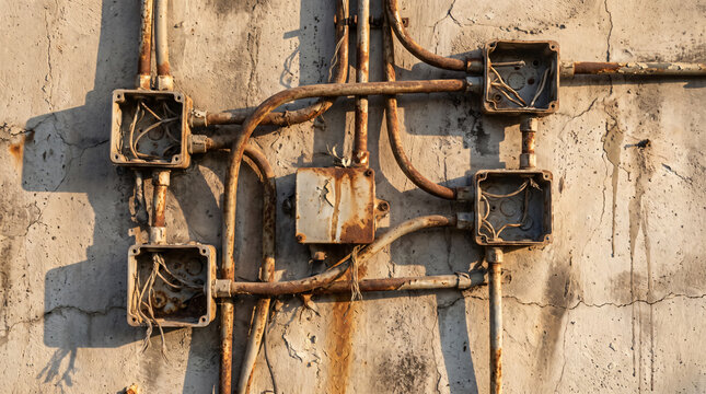 Rusty abandoned electrical conduit and empty junction box system on weathered concrete wall