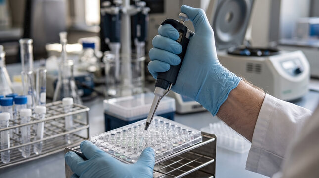 Hands interacting with lab equipment, pipetting fluid into plate. Scientist hands interacting with lab equipment, performing experiment in laboratory.