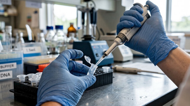Hands interacting with lab equipment, meticulously transferring liquid samples into small test tubes during scientific experiment. Researcher's hands interacting with lab equipment