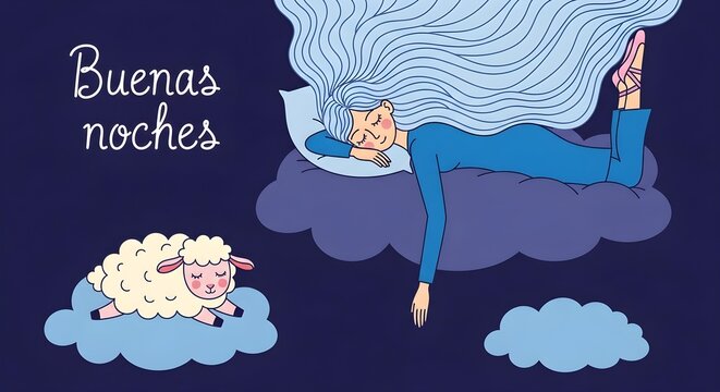 Cute sleeping girl and sheep resting on clouds with Buenas Noches text vector illustration.