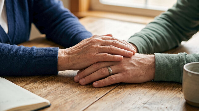 Supportive hands gently touch on wooden table, conveying empathy. Older adult hands softly hold younger adult hands, symbolizing comfort, connection, and understanding.