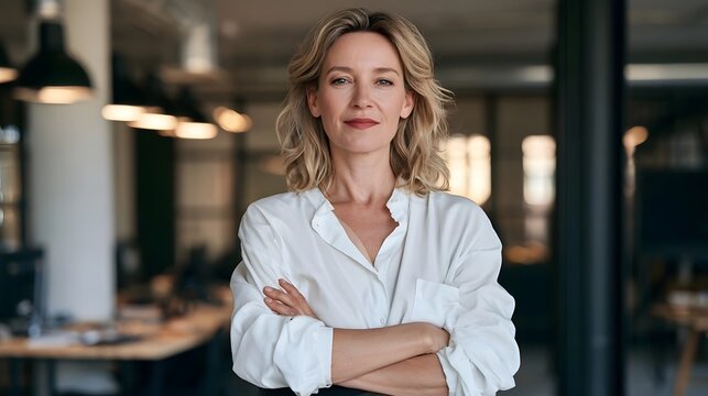 Portrait of confident businesswoman in 40s standing with arms crossed in office at copy space. Mature woman boss looks at camera with light smile. Trustworthy female business chief leads company.
