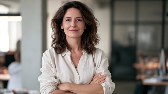 Portrait of confident businesswoman in 40s standing with arms crossed in office at copy space. Mature woman boss looks at camera with light smile. Trustworthy female business chief leads company.