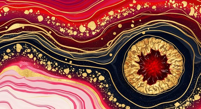 Luxury abstract geode agate texture background with red pink gold glitter and liquid marble ink swirls.