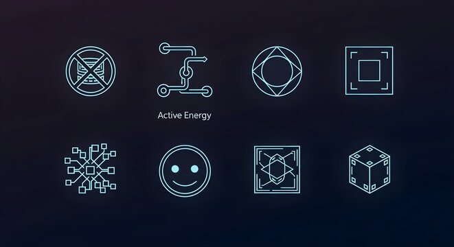 Minimalist Futuristic HUD Tech Icons Set on Dark Background.