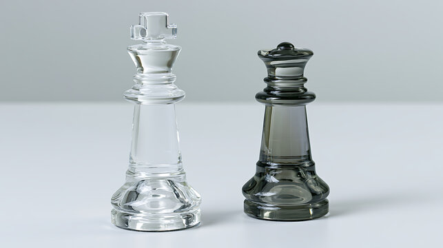 Glass chess pieces, transparent king and dark queen figures stand on a white surface, elegant strategic board game concept study close up