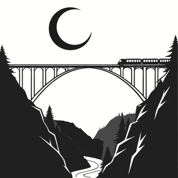 Passenger train crossing a large viaduct bridge between mountain cliffs under moon with crescent moo