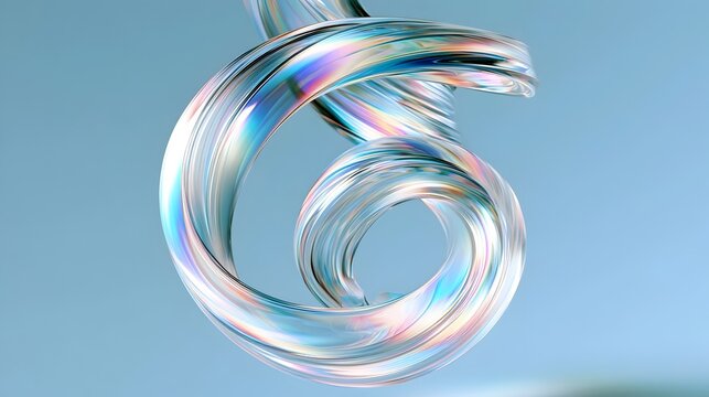 Spiral glass holographic 3D tape ribbon, graphic circle array effect. Iridescent white background vortex of geometric square plate shapes on light blue background. Abstract gradient swirl 