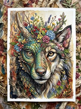A fantasy wolf creature with split dragon scale and fur texture decorated with vibrant wildflowers
