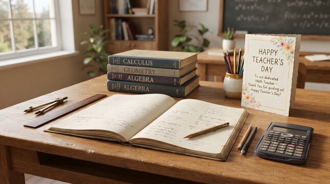 A beautiful vintage desk setup with books and a greeting card celebrating the annual teachers day event