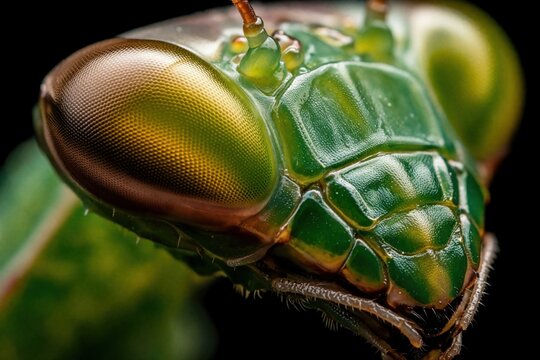 Extreme macro view of green praying mantis head. Close up shows large compound eye, detailed face texture. Predator insect sits on leaf in nature. Alien looking bug features antenna, scales in dark