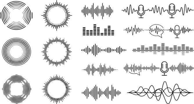 Sound wave and audio equalizer patterns in vector silhouette for digital media and broadcast concepts