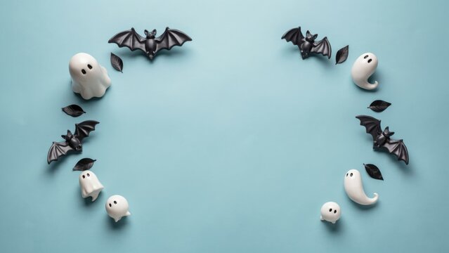 Halloween Bundle featuring friendly ghosts and black bats on blue background