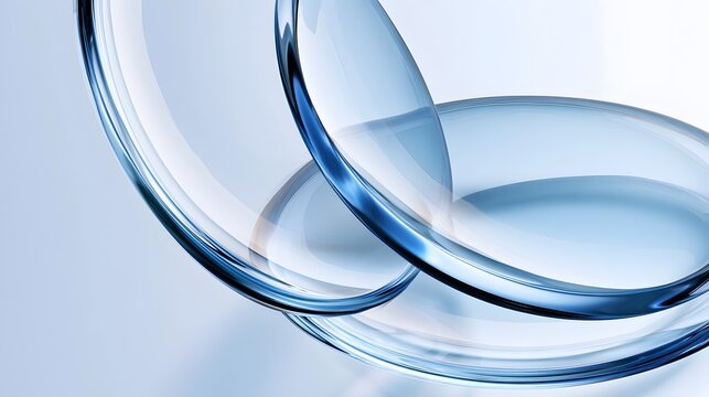 white background blue plastic discs on light background. Abstract glass curved 3D shapes, contact lenses. Glossy clear futuristic design for tech presentation, medical science projects.