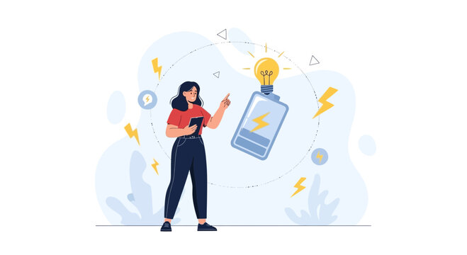 Woman with Tablet and Lightbulb Battery Icon, Concept of Innovation and Energy