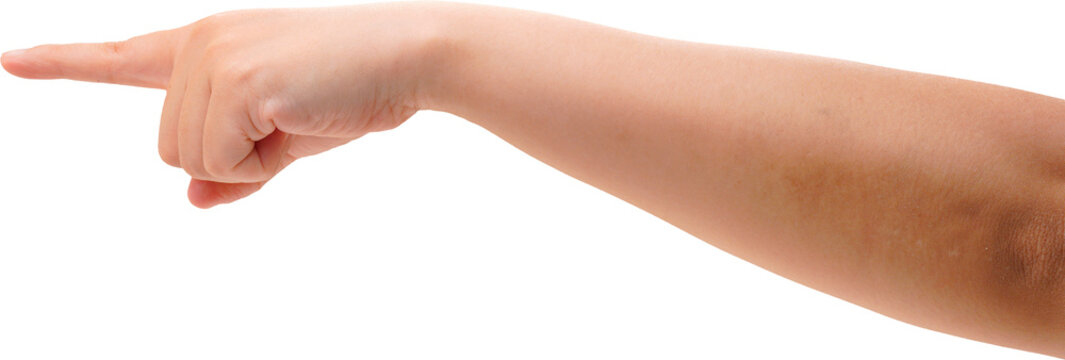 An arm pointing to the left with the index finger, on a transparent background.