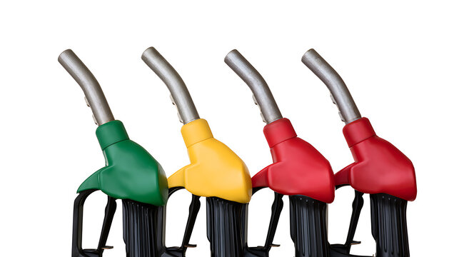 Four colorful fuel pump nozzles in green yellow and red isolated on a pure white background for petroleum and gas station commercial use