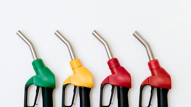 Four colorful fuel pump nozzles in green, yellow, and red lined up neatly against a plain white background for commercial gas station use