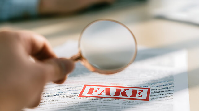 A person inspect document text detail using a magnifying glass to uncover truth, detect fraud, verify news, and check paper document info