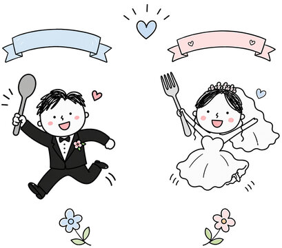 Cute wedding bride and groom cartoon illustration with spoon, fork, banners and flowers, cute character design