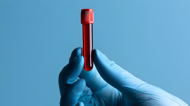test tube with donor blood in doctor's hand on blue background. gloves hold a flask of blood for a cholesterol and infection test.medical research and development..