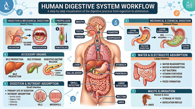 Human Digestive System Workflow Diagram, Anatomy Illustration, Medical Education Chart, Gastrointestinal Tract Process Visual