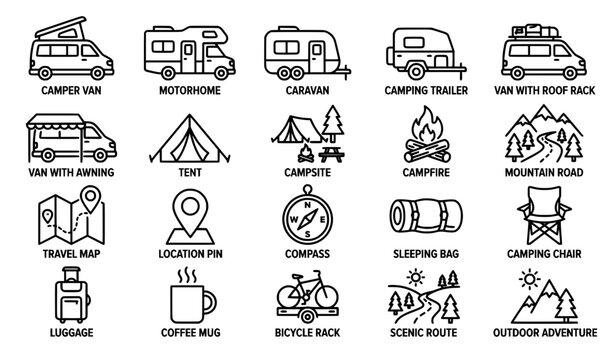 Camper Van and Road Trip Linear Outline Icon Set for Travel and Camping Design