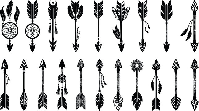 Collection Of Detailed Black Boho Arrows Featuring Dreamcatcher Accents Feathers Tassels And Crescent Moons For Creative Ethnic Craft Projects