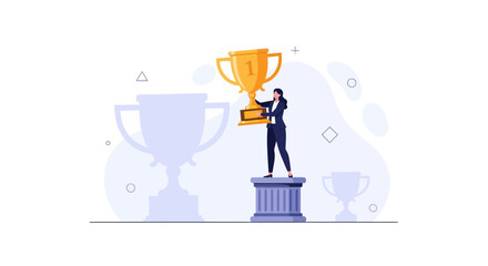 Obraz premium Businesswoman holding a gold trophy on a pedestal, celebrating victory and achievement, with other trophies in the background.