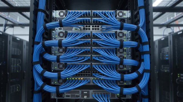 Massive server room rack with thick bundles of bright blue cat6 cables perfectly routed and strapped with velcro ties, data center.