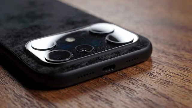 Modern smartphone with multiple cameras and a dark textured case captured in a close-up shot on a wooden surface ideal for tech reviews and product marketing