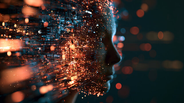 Abstract digital human face dissolving into glowing particles and data streams, representing AI and technology. Perfect for futuristic concepts.