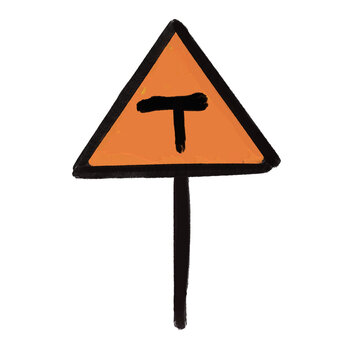 Hand-painted orange triangular road warning sign featuring a black T-junction symbol, bold brushstrokes, and a playful artistic style isolated on a black background.