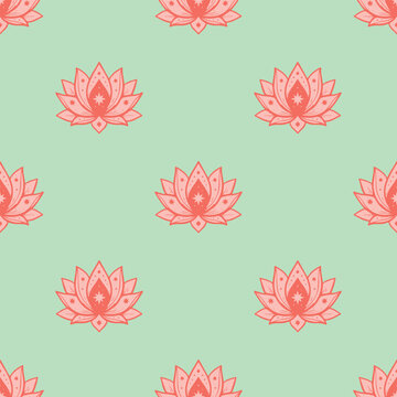 Pink Lotus Flower Spiritual Seamless Pattern. Hand drawn blooming lotus flower repeat pattern on light green background for yoga and zen decor.