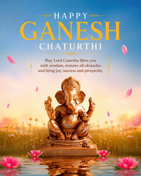 Creative Ganesh Chaturthi social media post with golden Lord Ganesha idol and lotus flowers