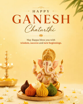 Creative Ganesh Chaturthi social media post with Lord Ganesha idol and colorful modak sweets