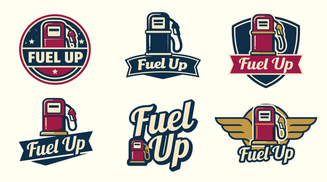 A collection of retro-style fuel pump logos and icons capturing nostalgic themes related to vintage gas stations and automobile culture, ideal for automotive enthusiasts and branding.
