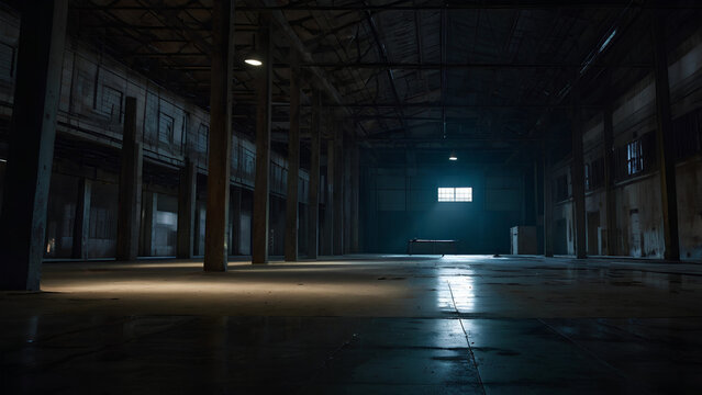 Cinematic abandoned factory floor with concrete pillars and moody lighting