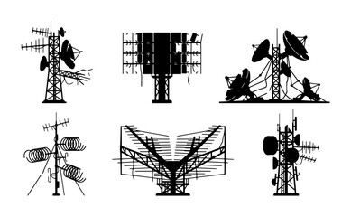 Fototapeta premium Communication Towers Vector Icons Set, Telecommunication Antennas, Radar Dishes, Broadcast Structures