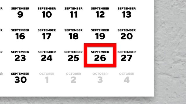 Red cursor highlighting September 26th on a 2026 wall calendar page