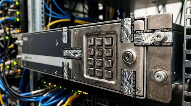 Secure Server Hardware with Numerical Keypad Lock and Tamper Evident Seals in Data Center