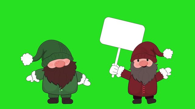 christmas gnome characters with blank sign on green screen