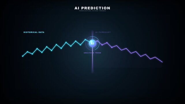 Digital futuristic chart with glowing neon trend lines against dark background, concept for artificial intelligence data analysis, financial forecasting, business strategy development and modern