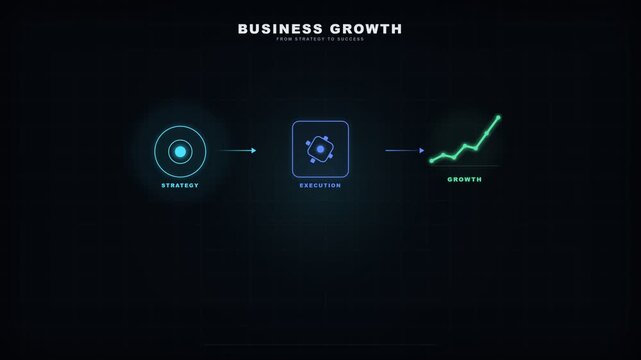 Minimalist digital infographic with neon icons of strategy and execution, concept for business growth and corporate development, ideal for professional presentations, marketing reports and strategic