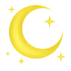 Golden crescent moon illustration surrounded by small sparkling stars, designed as a whimsical celestial element for night scenes, dreamy graphics, decorative designs, and greeting artwork. © Riza 