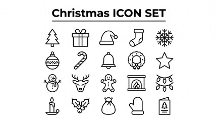 Minimalist black line art Christmas icon set on white background © Summaya
